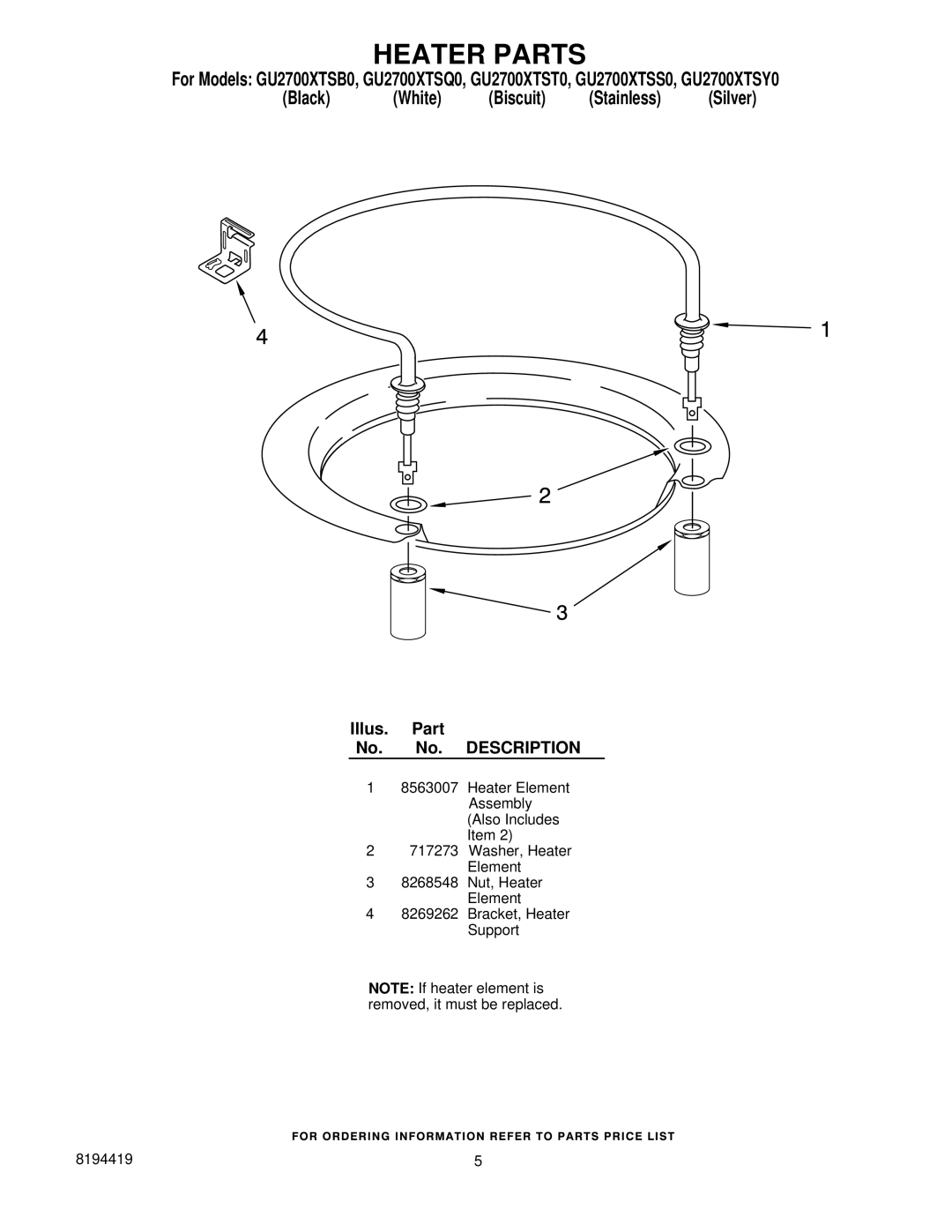 Whirlpool GU2700XTST0, GU2700XTSY0, GU2700XTSB0, GU2700XTSQ0, GU2700XTSS0 manual Heater Parts 