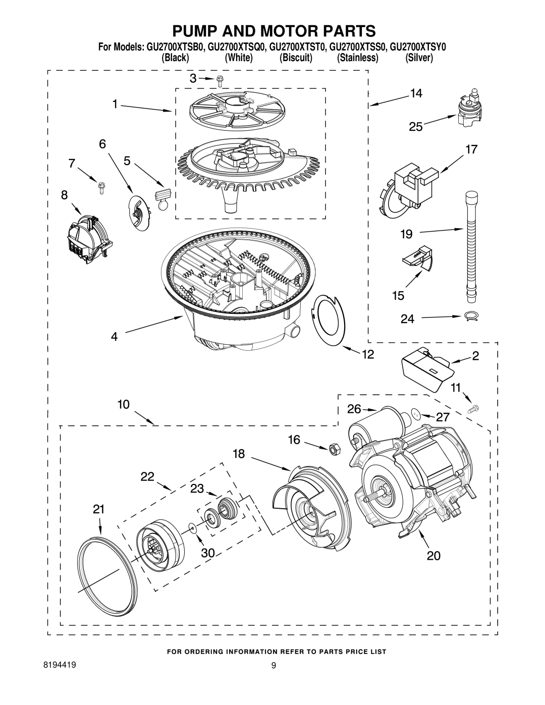 Whirlpool GU2700XTSS0, GU2700XTST0, GU2700XTSY0, GU2700XTSB0, GU2700XTSQ0 manual Pump and Motor Parts 