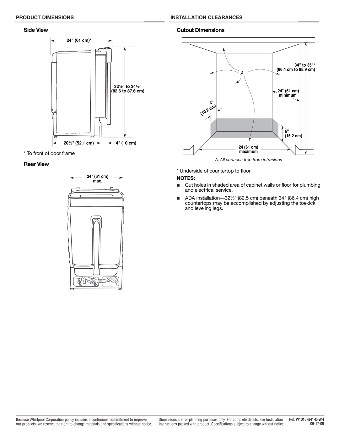 Whirlpool GU3100XTV specifications Product Dimensions, Installation Clearances, Side View, Rear View, Cutout Dimensions 