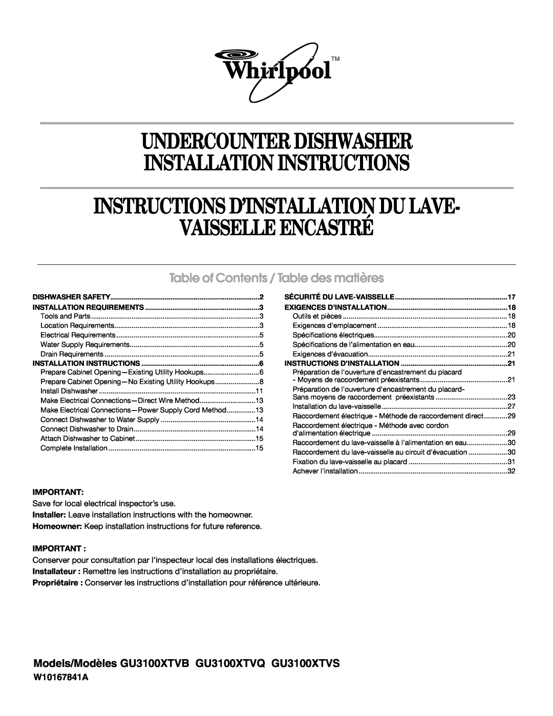 Whirlpool GU3100XTVQ installation instructions Table of Contents / Table des matières, Vaisselleencastré, W10167841A 