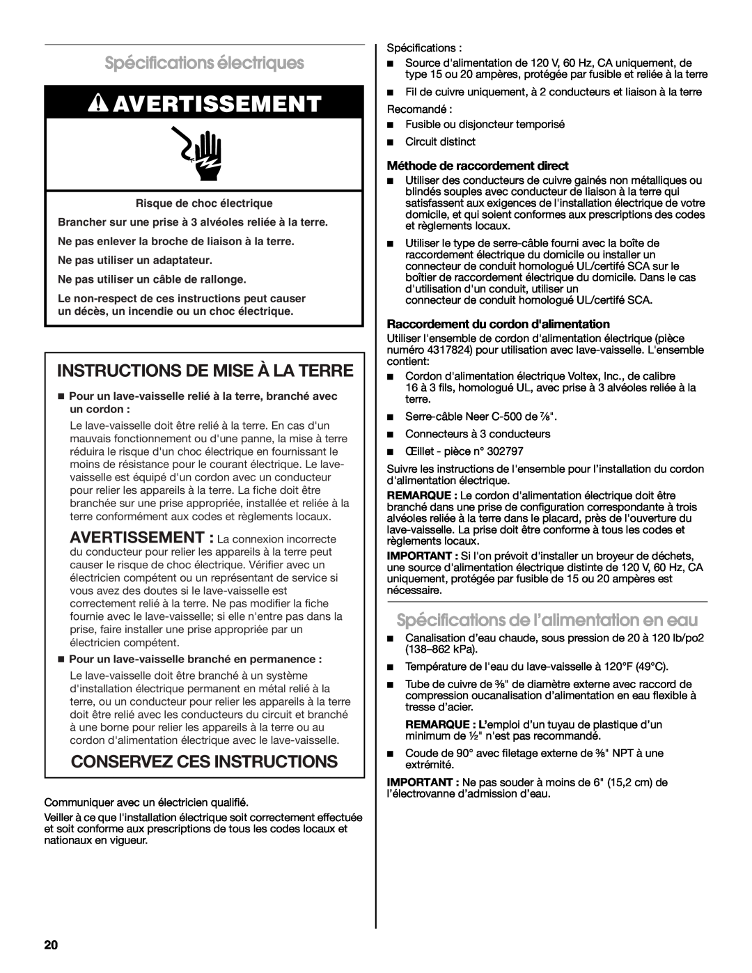 Whirlpool GU3100XTVB, GU3100XTVQ Spécifications électriques, Instructions De Mise À La Terre, Conservez Ces Instructions 