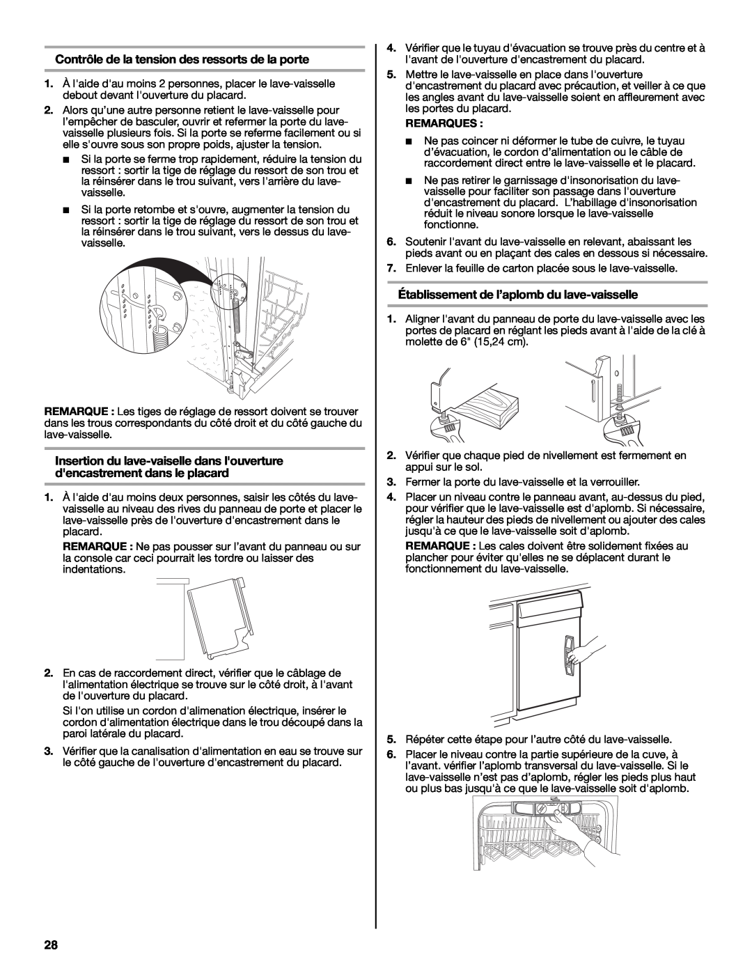 Whirlpool GU3100XTVB Contrôle de la tension des ressorts de la porte, Établissement de l’aplomb du lave-vaisselle 