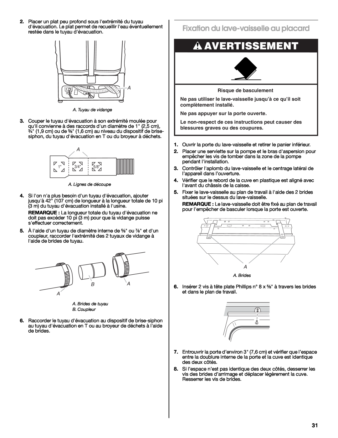 Whirlpool W10167841A, GU3100XTVB Fixation du lave-vaisselle au placard, Avertissement, Ba A, Risque de basculement 