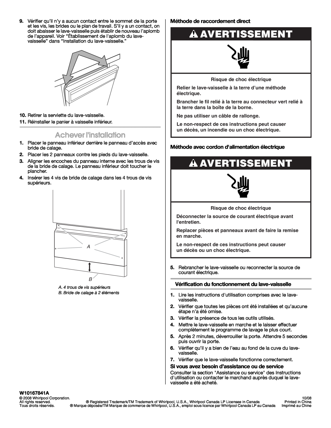 Whirlpool GU3100XTVB Achever linstallation, Méthode avec cordon dalimentation électrique, W10167841A, Avertissement 