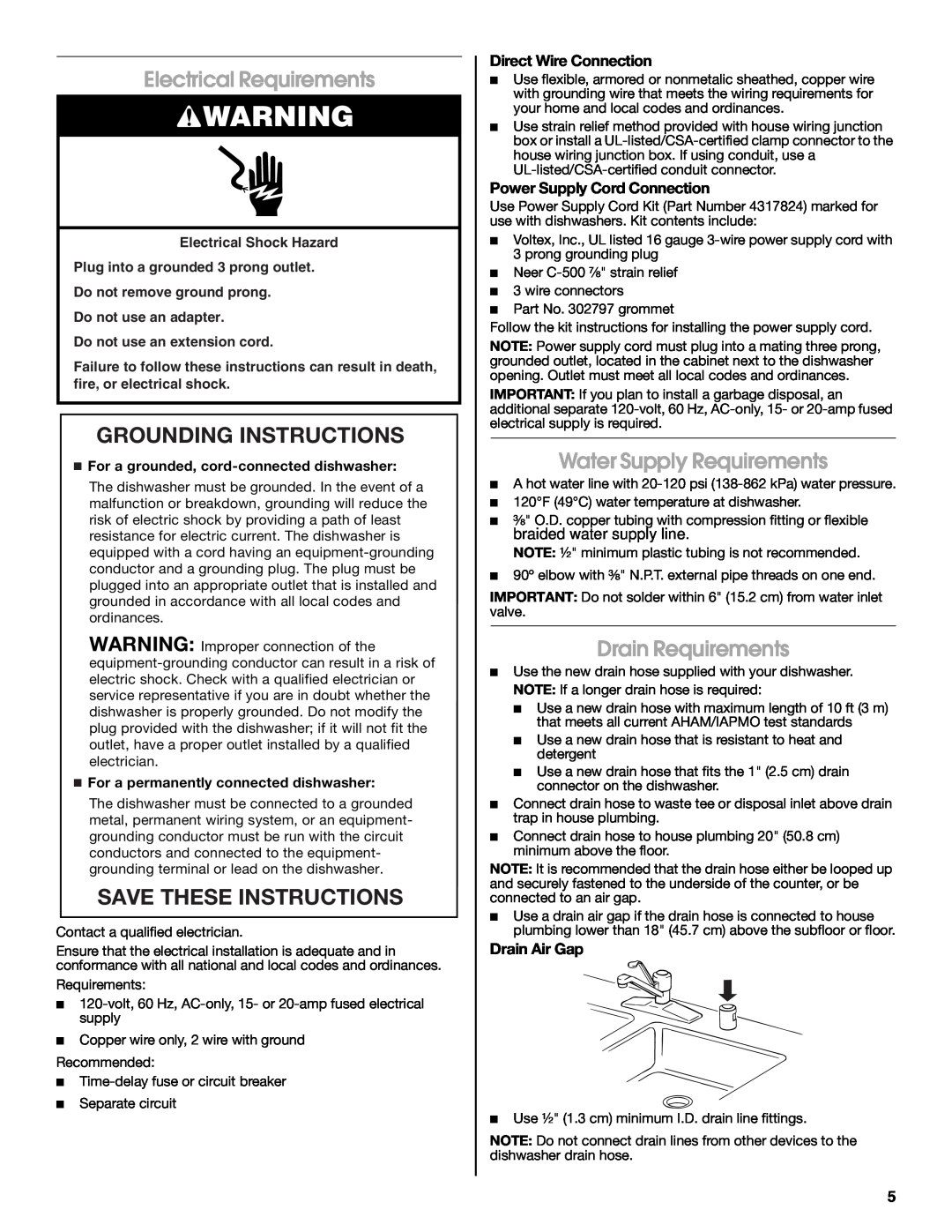 Whirlpool GU3100XTVQ Electrical Requirements, Grounding Instructions, Save These Instructions, Water Supply Requirements 