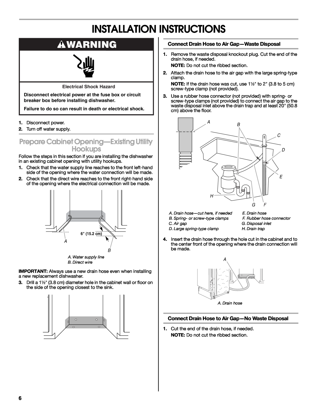 Whirlpool GU3100XTVS Installation Instructions, Prepare Cabinet Opening-Existing Utility Hookups, Electrical Shock Hazard 