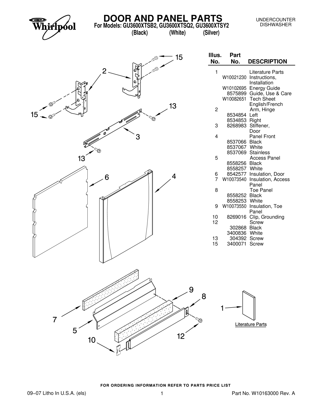 Whirlpool GU3600XTSB2, GU3600XTSQ2, GU3600XTSY2 manual Door and Panel Parts, Black White 