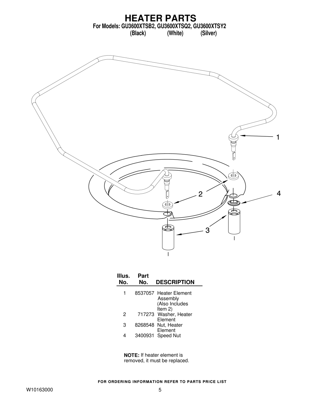 Whirlpool GU3600XTSY2, GU3600XTSQ2, GU3600XTSB2 manual Heater Parts 