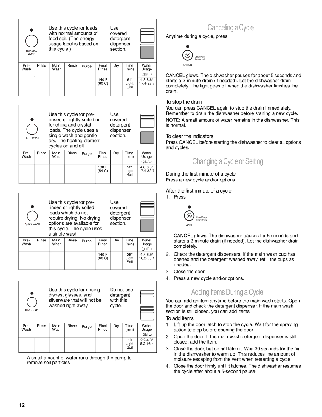 Whirlpool GU970 manual Cancelinga Cycle, Changing a Cycle orSetting, Adding ItemsDuringa Cycle 