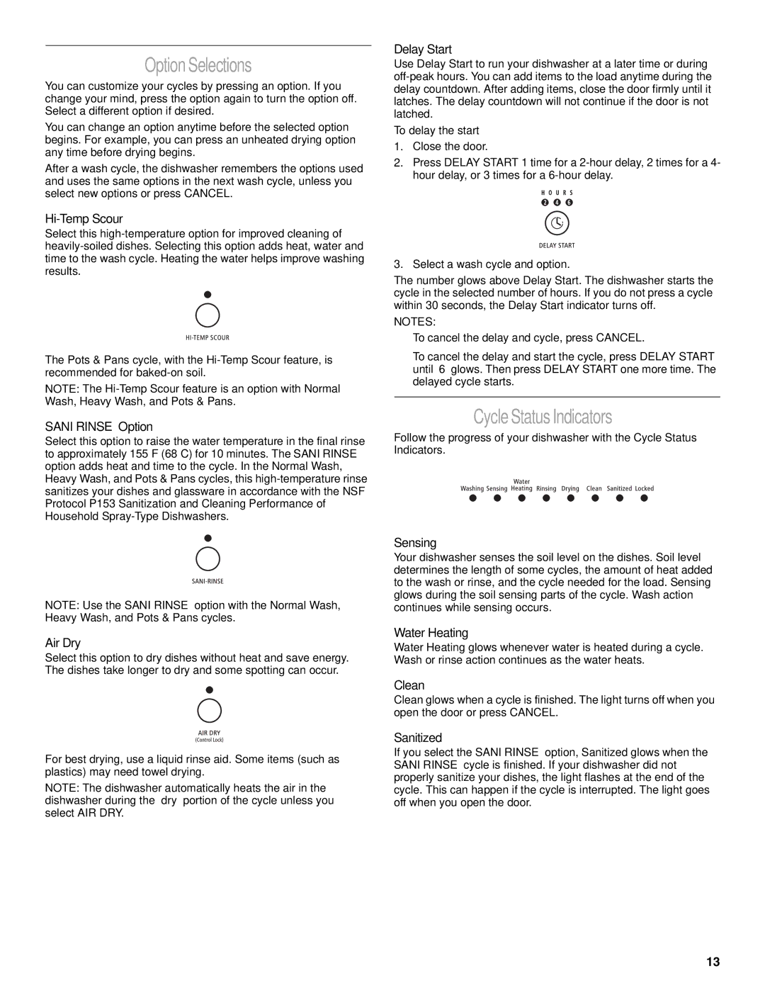 Whirlpool GU970 manual Option Selections, Cycle Status Indicators 