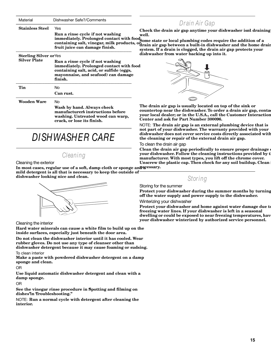 Whirlpool GU970 manual Dishwasher Care, Cleaning, Drain Air Gap, Storing 