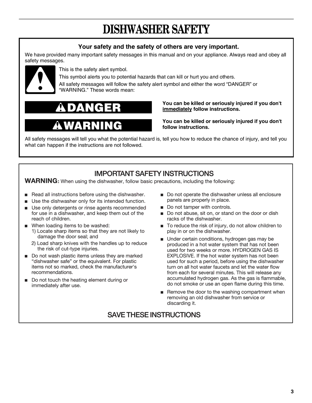 Whirlpool GU970 manual Dishwasher Safety, Your safety and the safety of others are very important 