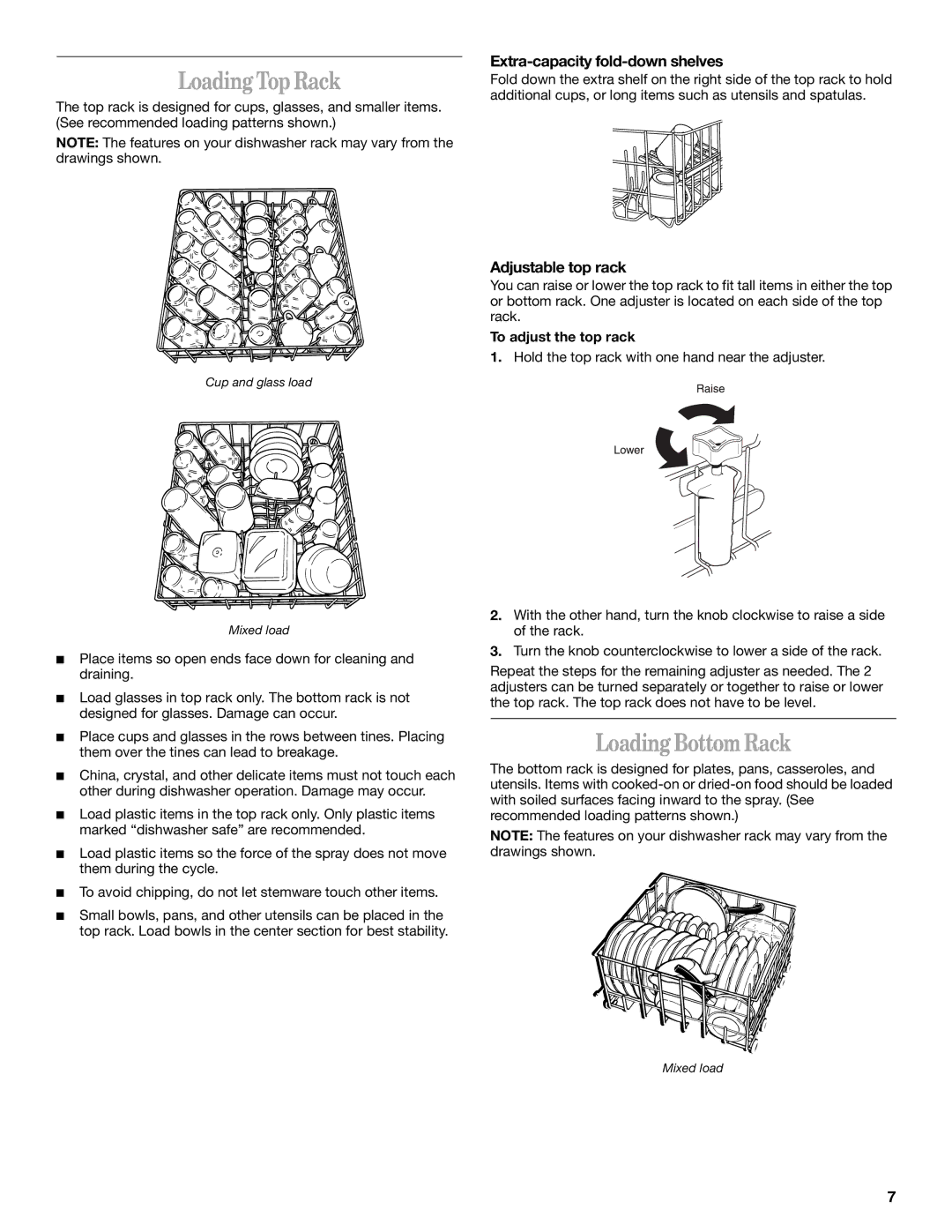 Whirlpool GU970 manual LoadingTop Rack, Loading Bottom Rack, Extra-capacity fold-down shelves, Adjustable top rack 