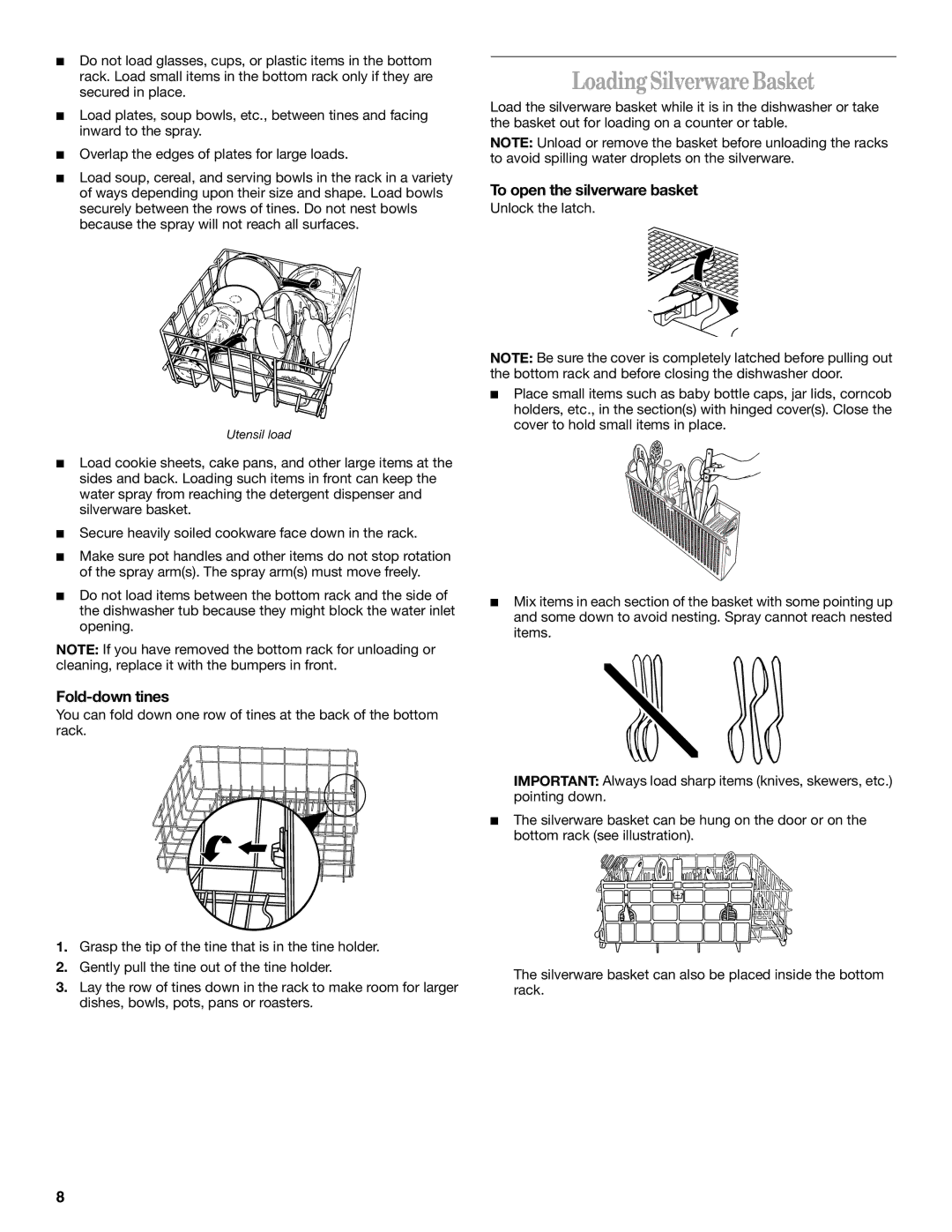 Whirlpool GU970 manual Loading Silverware Basket, Fold-down tines, To open the silverware basket 