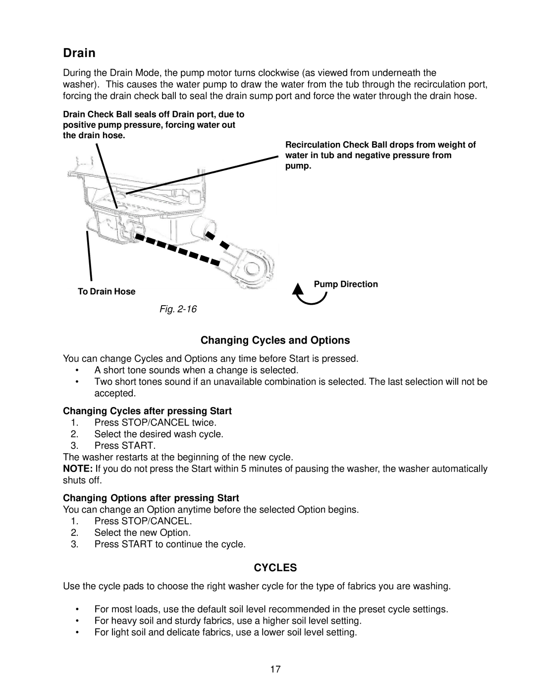 Whirlpool GVW9959K-0 manual Drain, Changing Cycles and Options, Changing Cycles after pressing Start 