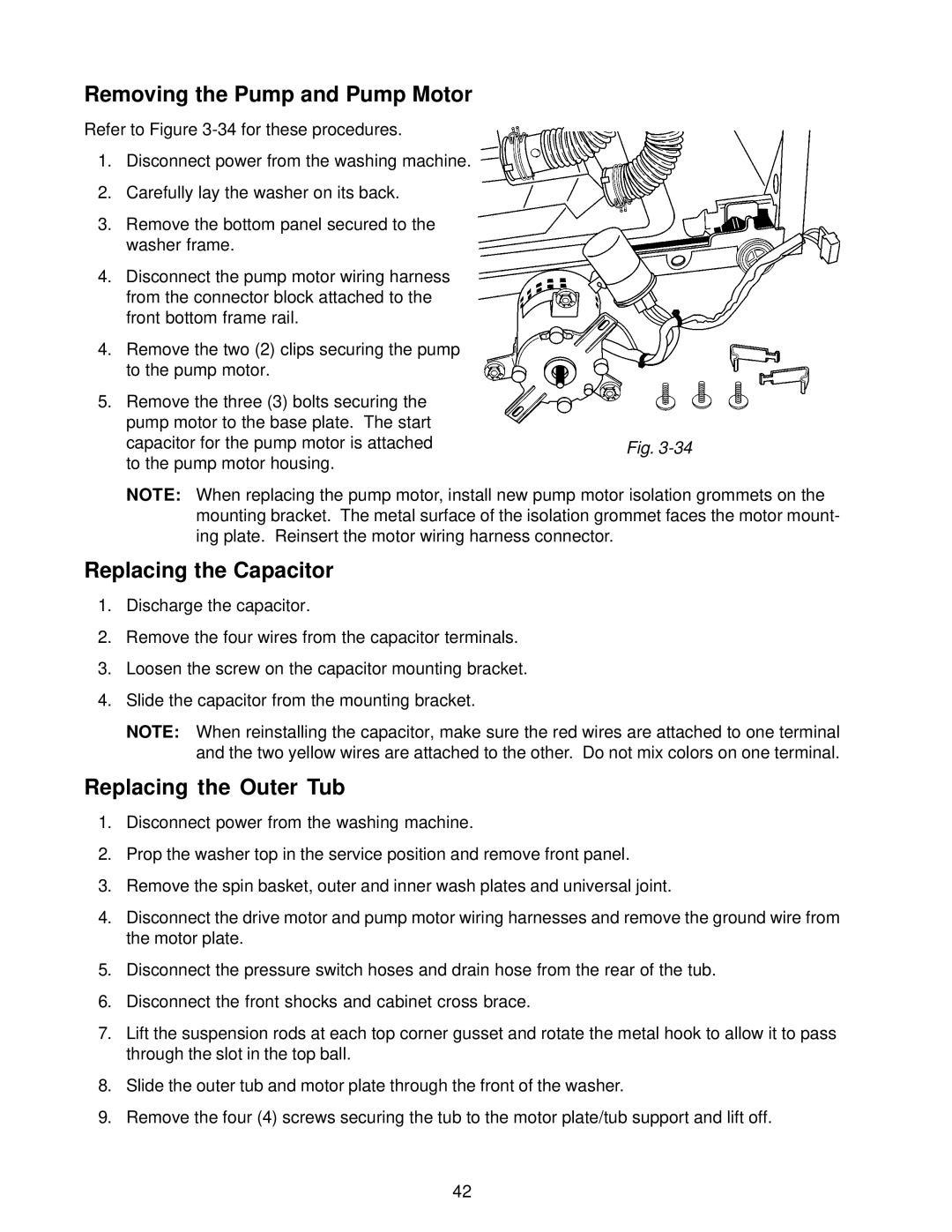 Whirlpool GVW9959K-0 manual Removing the Pump and Pump Motor, Replacing the Capacitor, Replacing the Outer Tub 