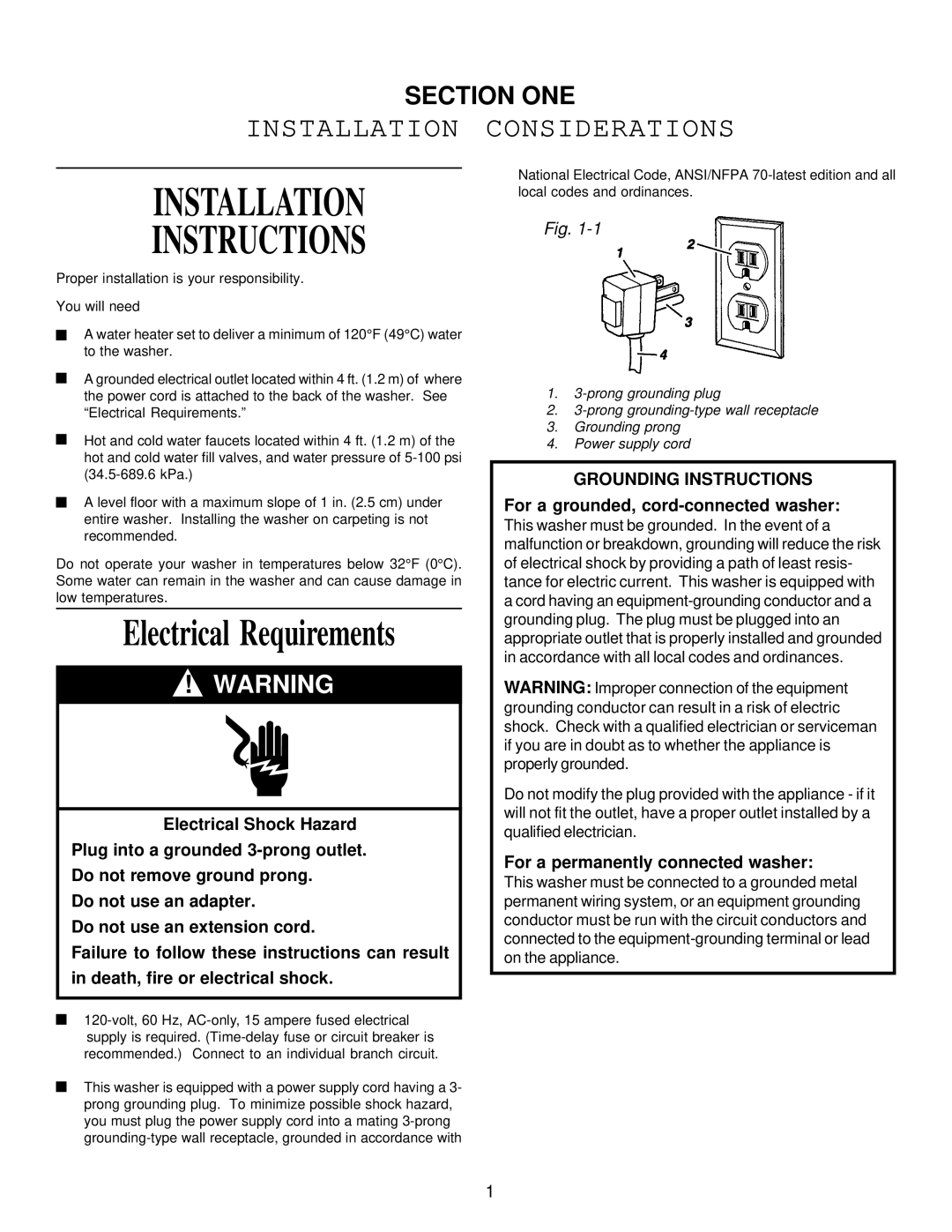 Whirlpool GVW9959K-0 manual Installation, Considerations, Section ONE, For a permanently connected washer 