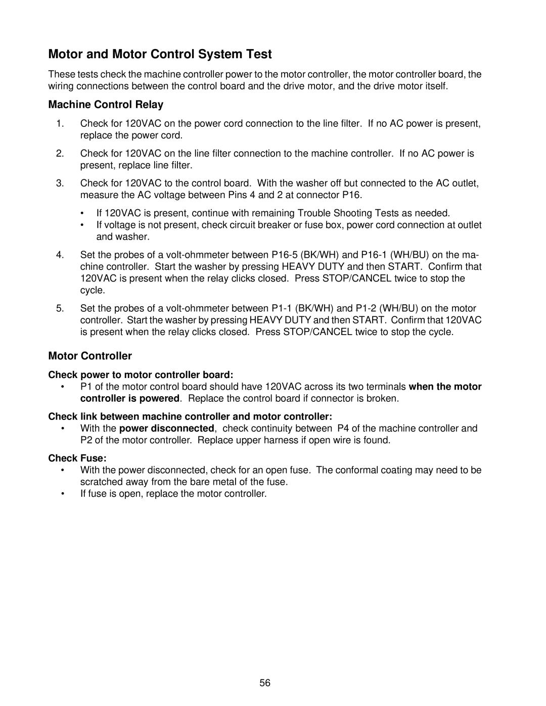 Whirlpool GVW9959K-0 manual Motor and Motor Control System Test, Machine Control Relay, Motor Controller 