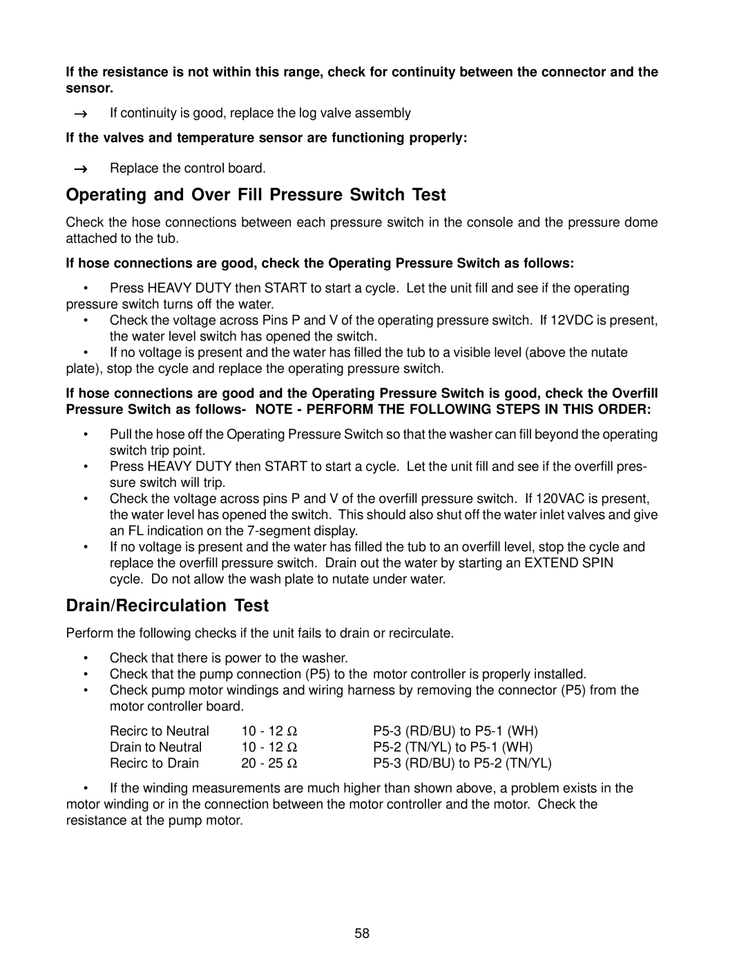 Whirlpool GVW9959K-0 manual Operating and Over Fill Pressure Switch Test, Drain/Recirculation Test 