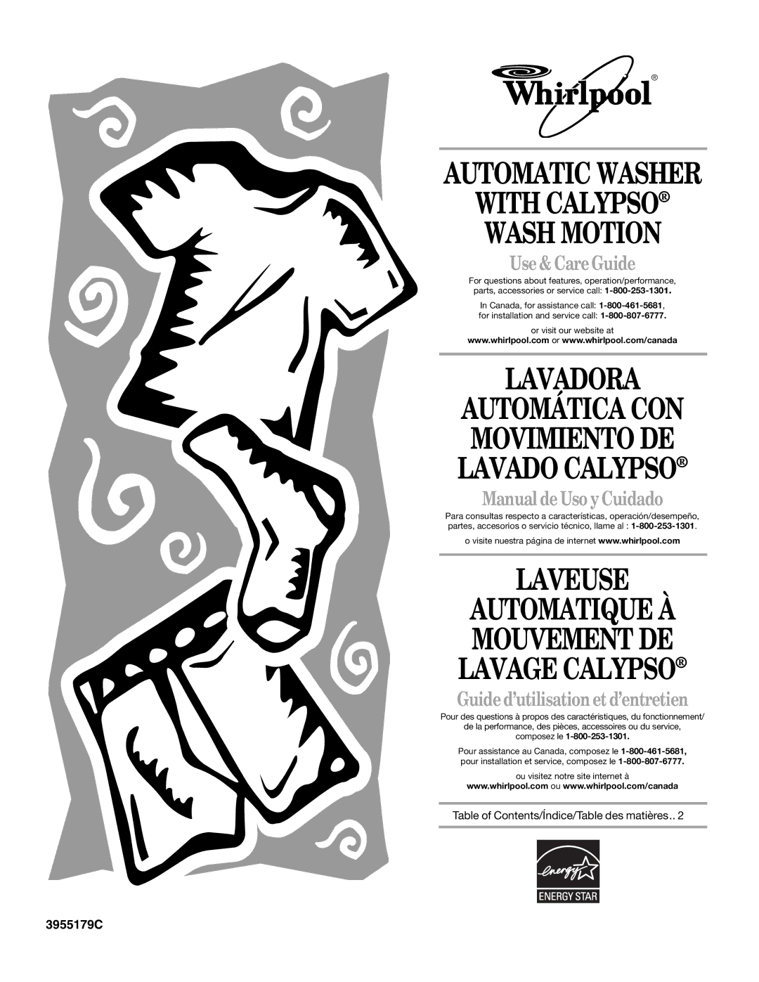 Whirlpool GVW9959KL0 manual With Calypso Wash Motion, 3955179C 