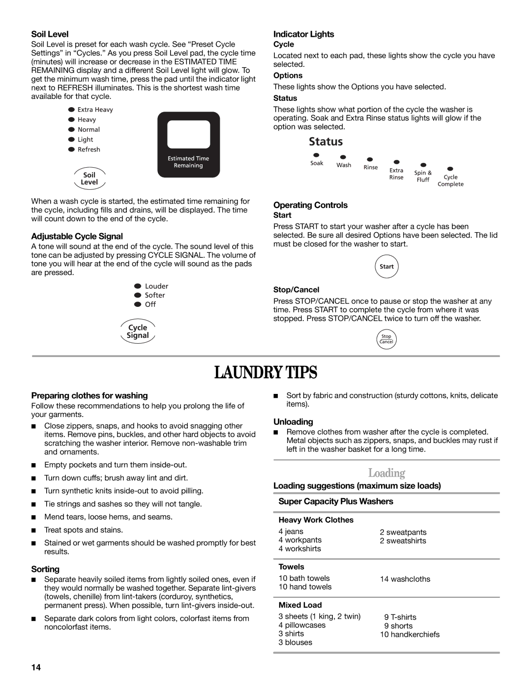 Whirlpool GVW9959KL0 manual Laundry Tips, Loading 