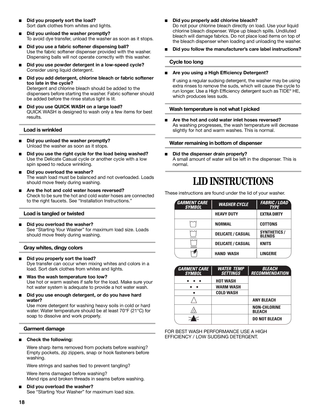 Whirlpool GVW9959KL0 manual LID Instructions 