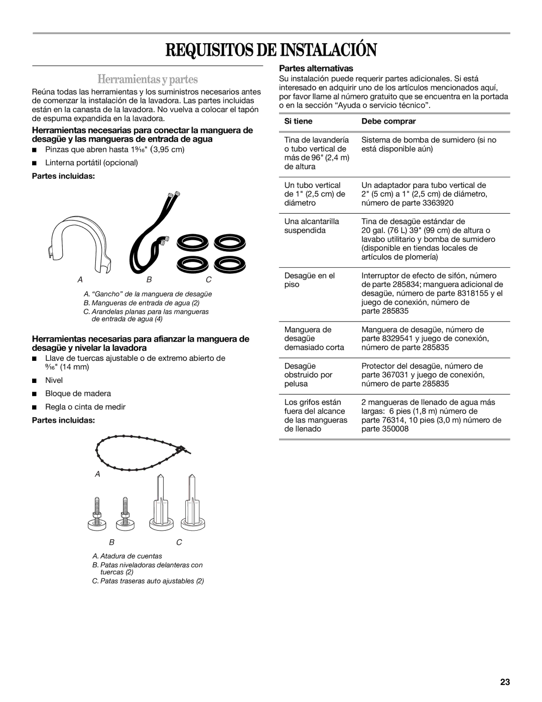 Whirlpool GVW9959KL0 manual Requisitos DE Instalación, Herramientasypartes, Partes alternativas, Partes incluidas 