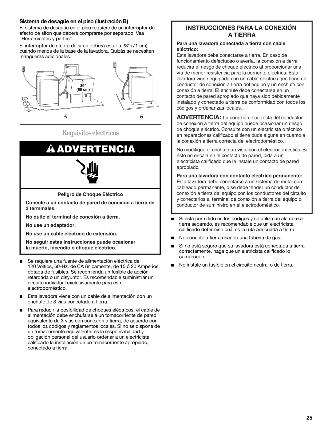 Whirlpool GVW9959KL0 manual Requisitoseléctricos, Sistema de desagüe en el piso ilustración B 