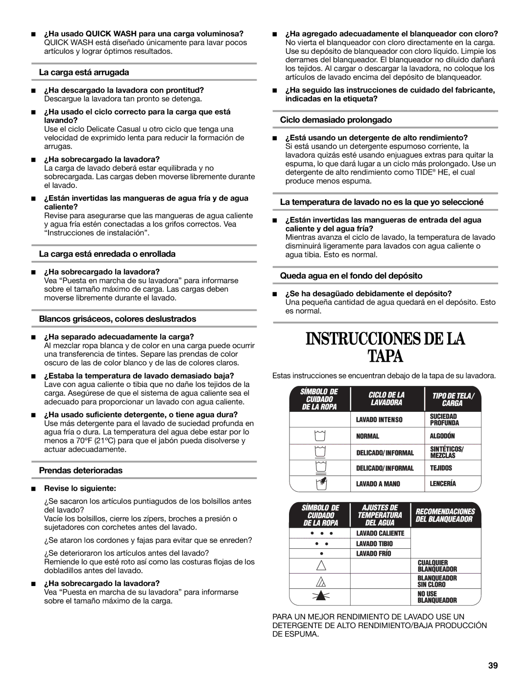 Whirlpool GVW9959KL0 manual Instrucciones DE LA Tapa 