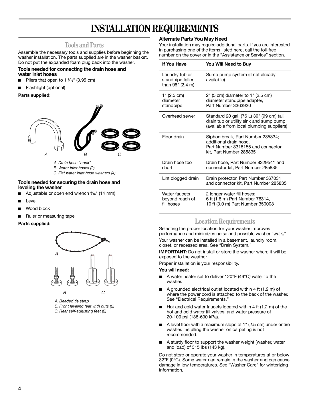 Whirlpool GVW9959KL0 manual Installation Requirements, ToolsandParts, LocationRequirements, Alternate Parts You May Need 