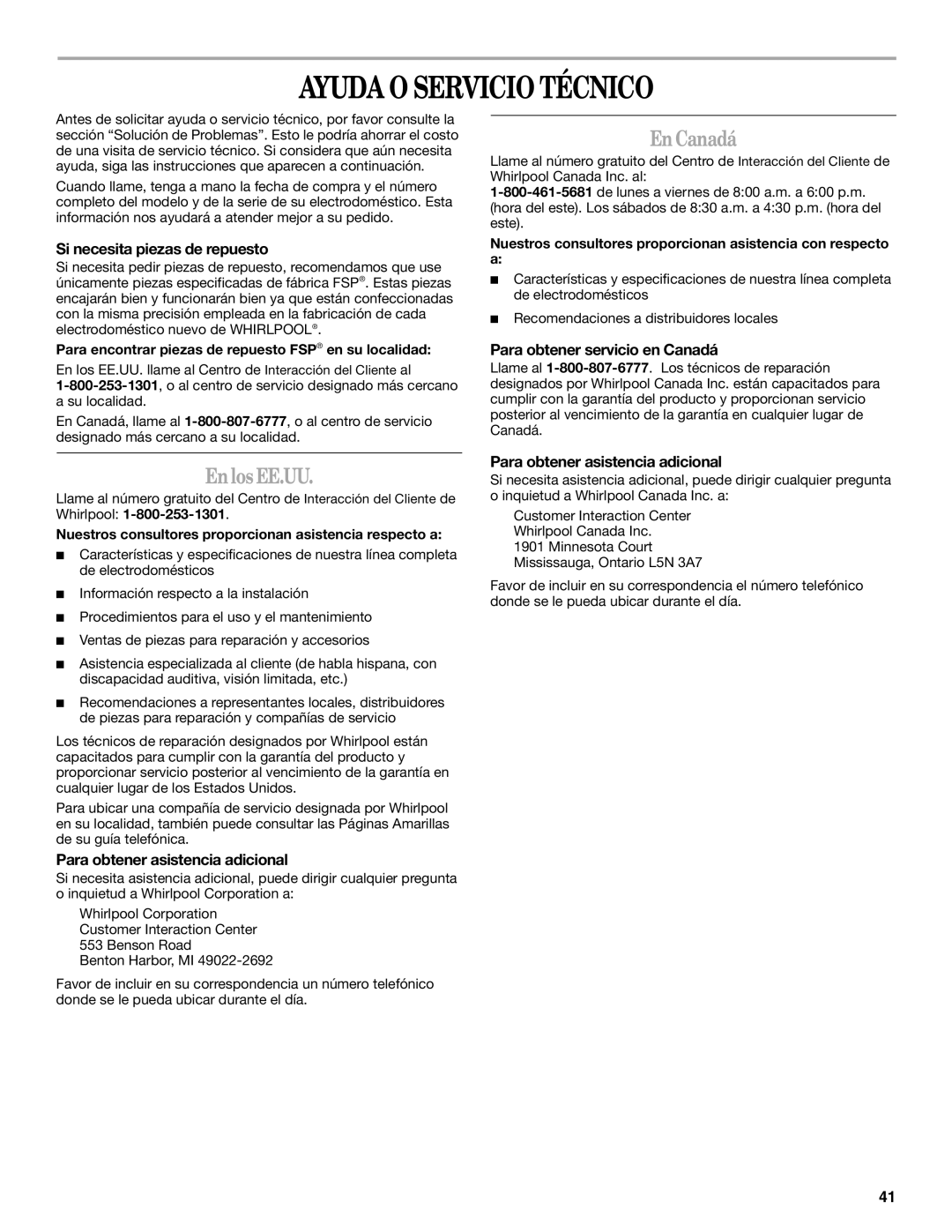 Whirlpool GVW9959KL0 manual Ayuda O Servicio Técnico, EnlosEE.UU, En Canadá 