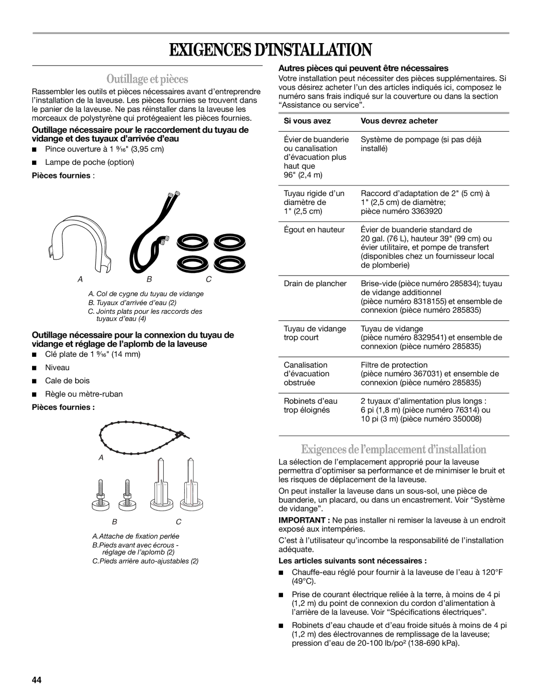 Whirlpool GVW9959KL0 manual Exigences D’INSTALLATION, Outillageetpièces, Exigencesdel’emplacementd’installation 