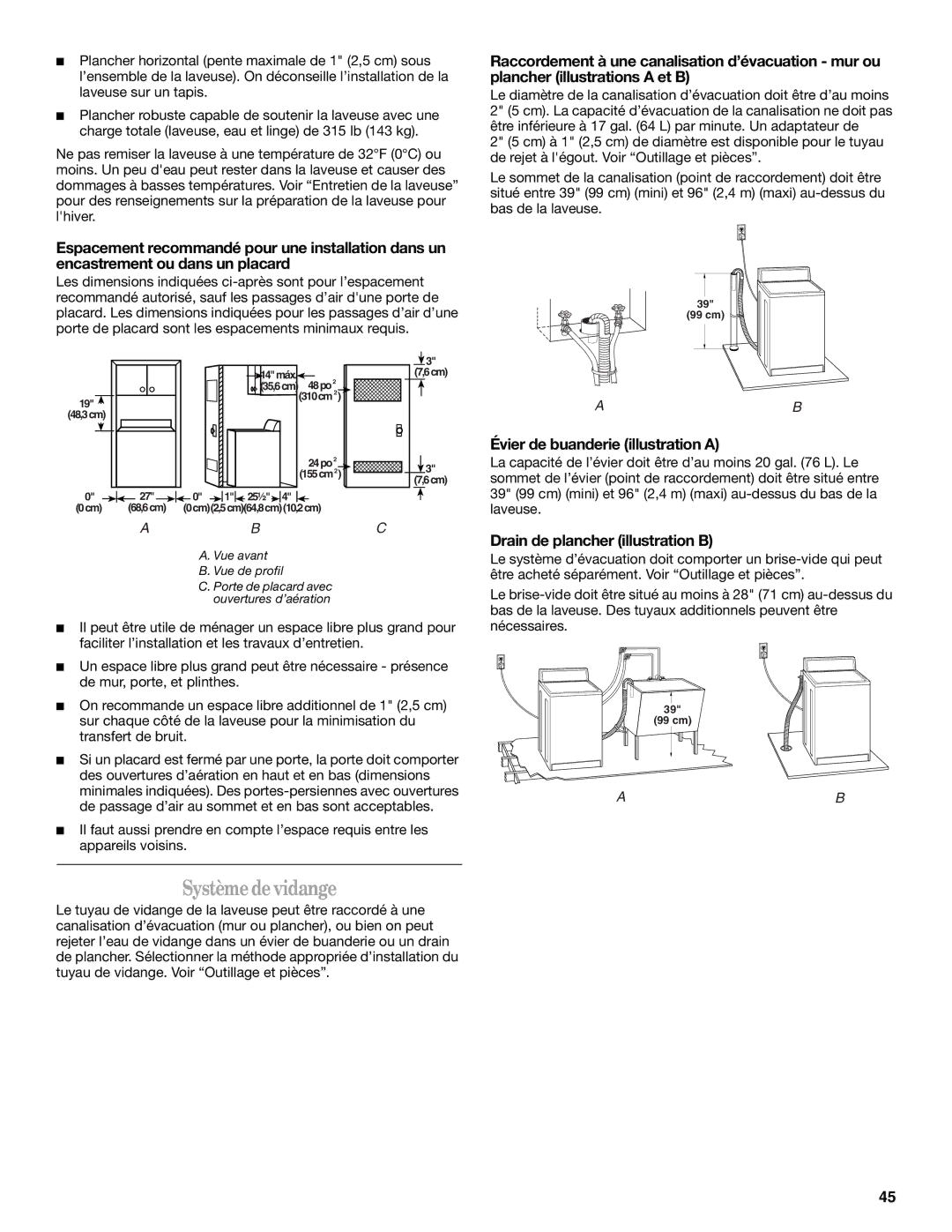 Whirlpool GVW9959KL0 manual Systèmedevidange, Évier de buanderie illustration a, Drain de plancher illustration B 