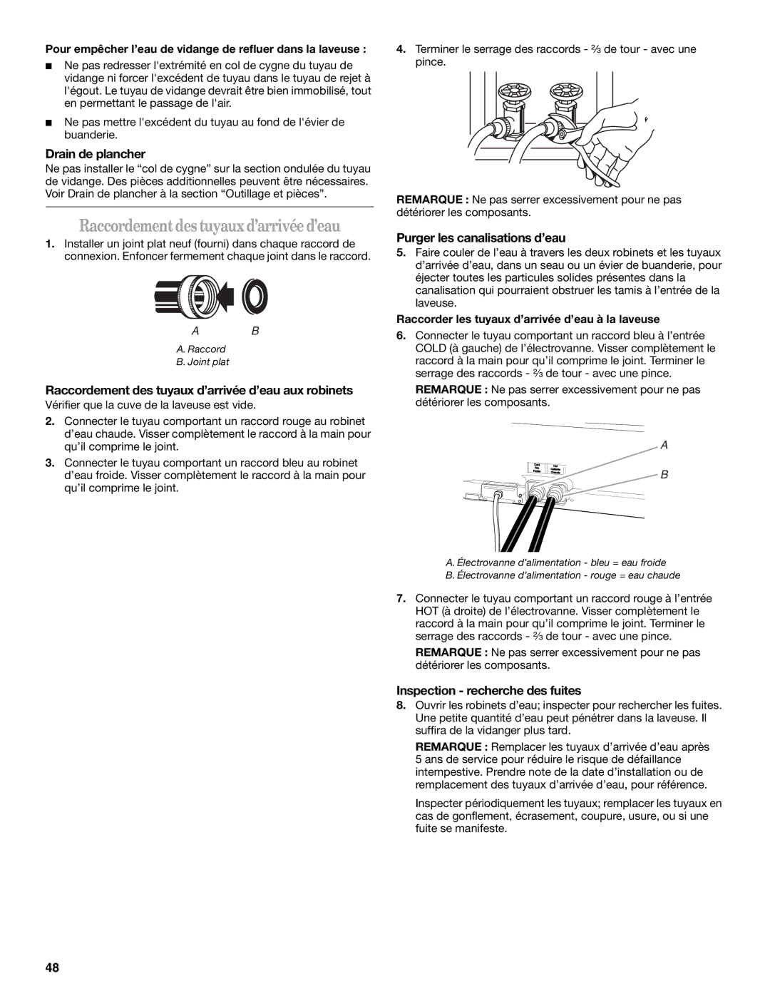 Whirlpool GVW9959KL0 manual Raccordementdes tuyauxd’arrivéed’eau, Drain de plancher, Purger les canalisations d’eau 