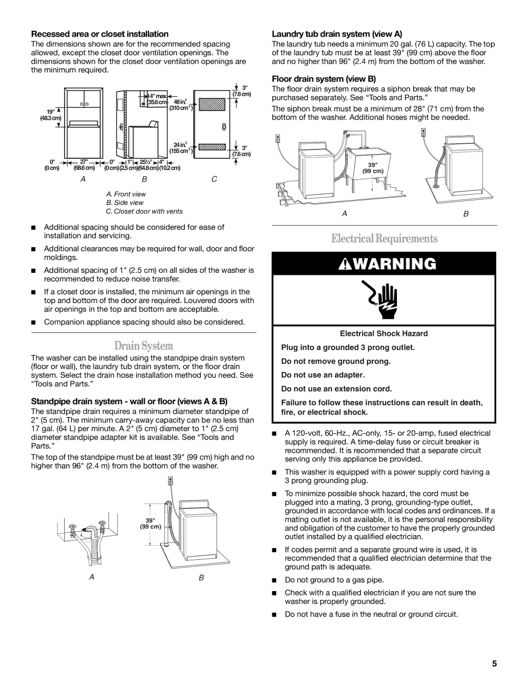 Whirlpool GVW9959KL0 manual DrainSystem, Electrical Requirements 