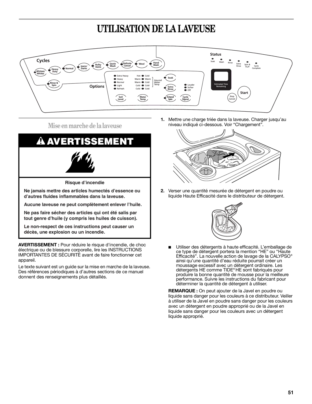 Whirlpool GVW9959KL0 manual Utilisation DE LA Laveuse, Miseenmarchedelalaveuse 