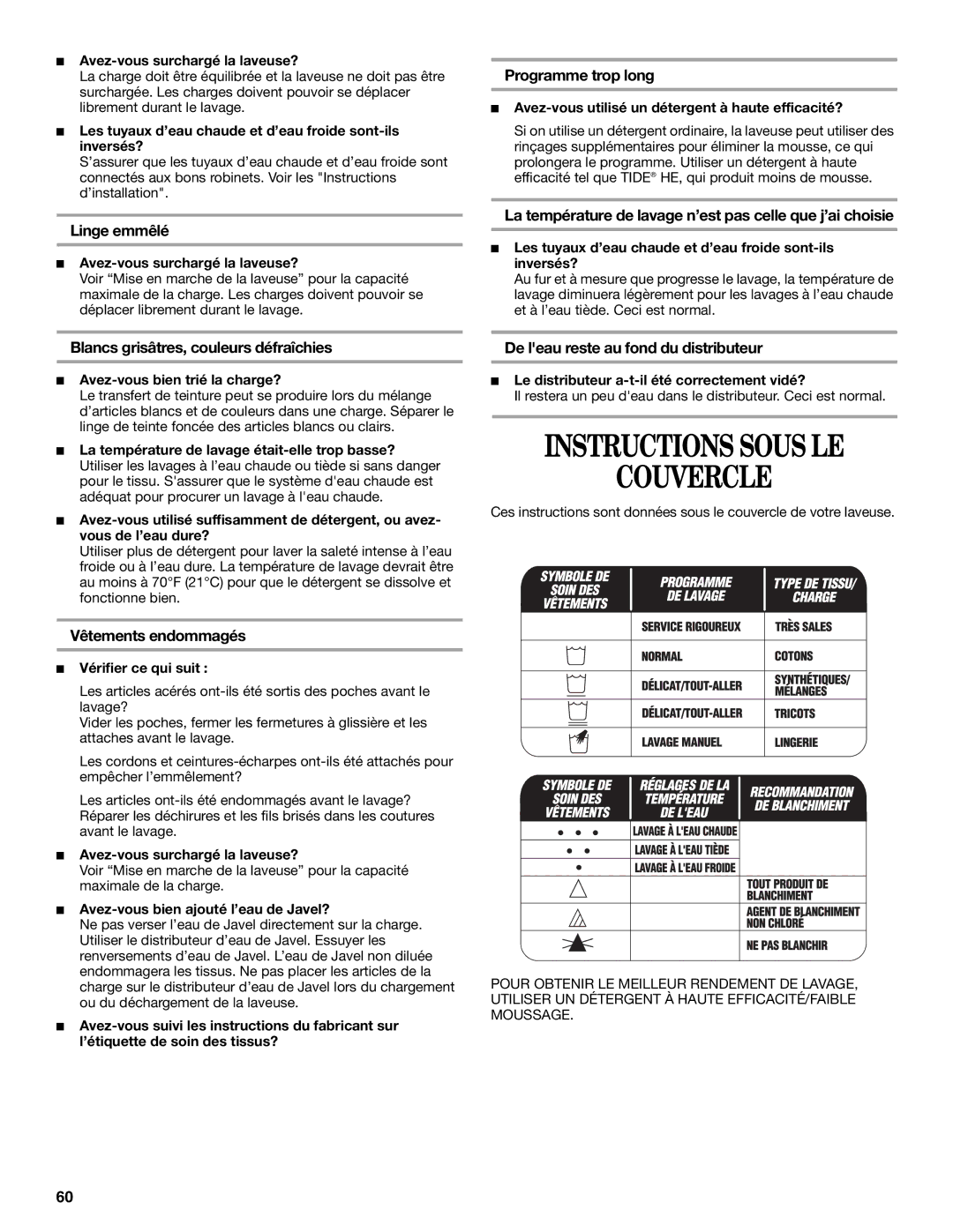 Whirlpool GVW9959KL0 manual Instructions Sous LE Couvercle 