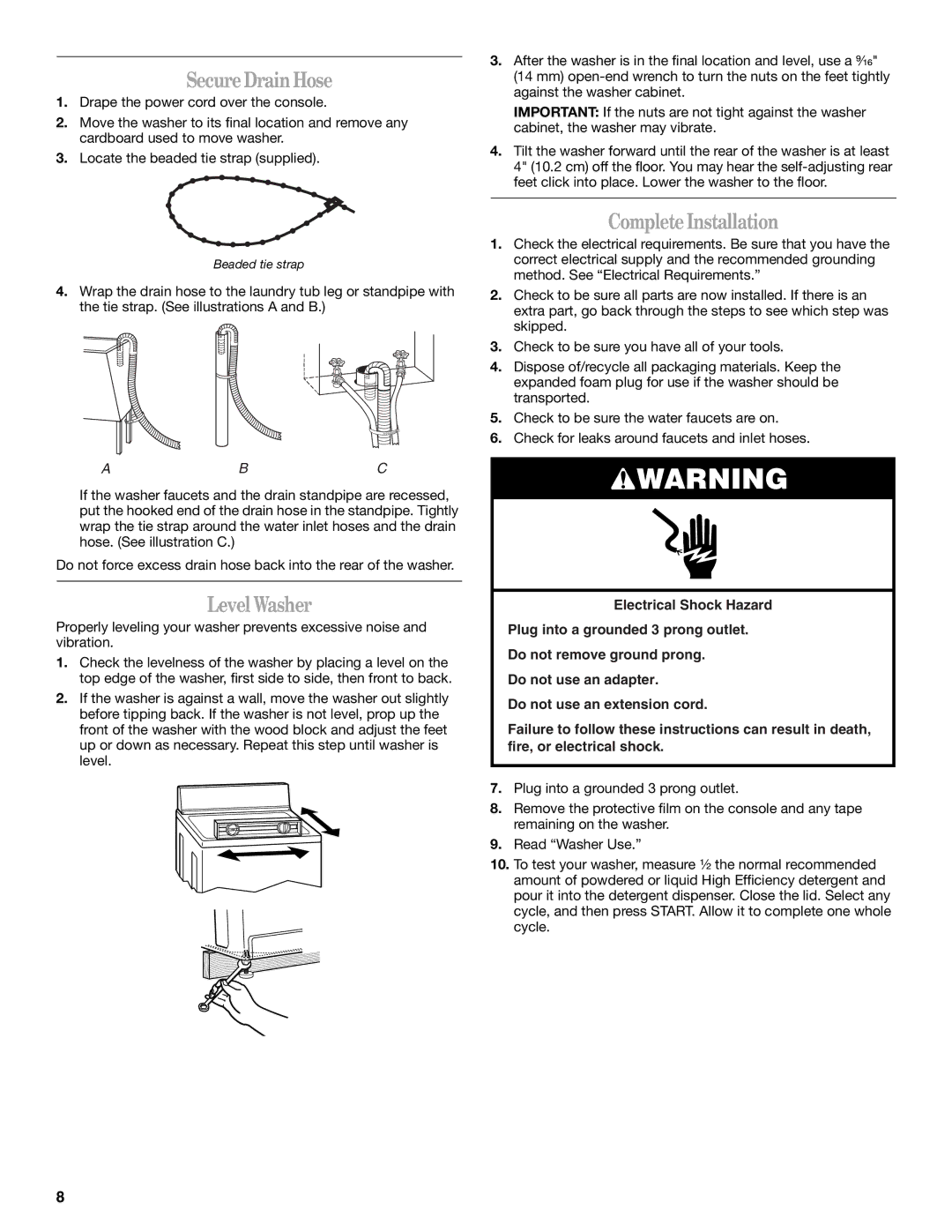 Whirlpool GVW9959KL0 manual SecureDrainHose, Level Washer, CompleteInstallation 