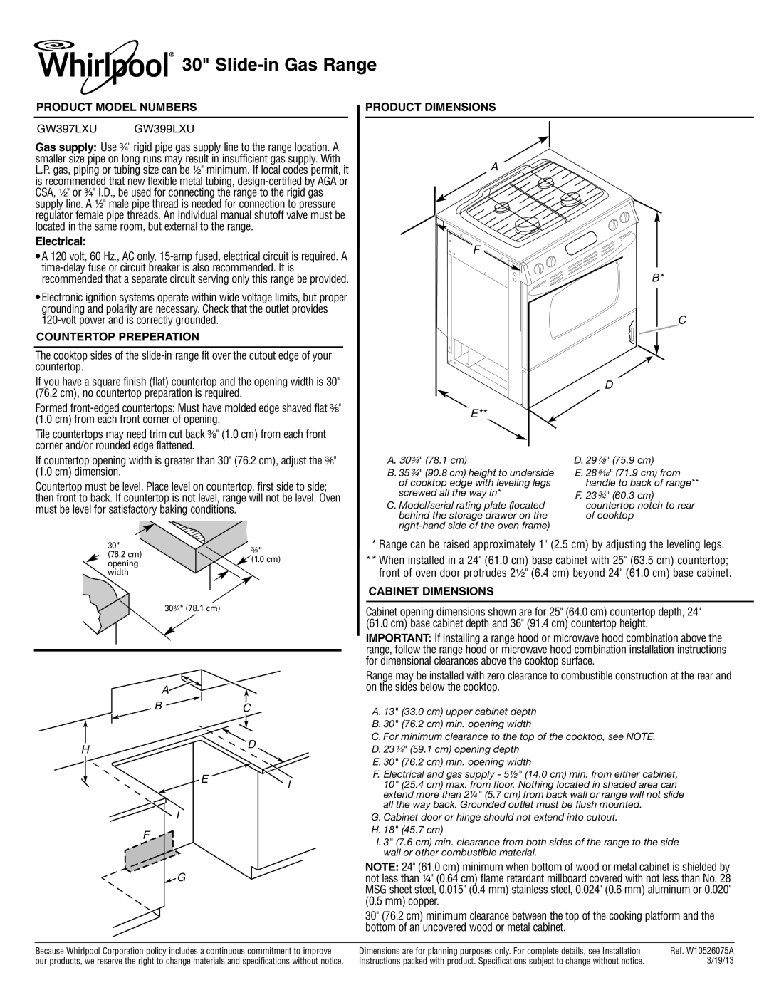 Whirlpool GW399LXU dimensions Slide-in Gas Range, Product Model Numbers, Countertop Preperation, Product Dimensions 