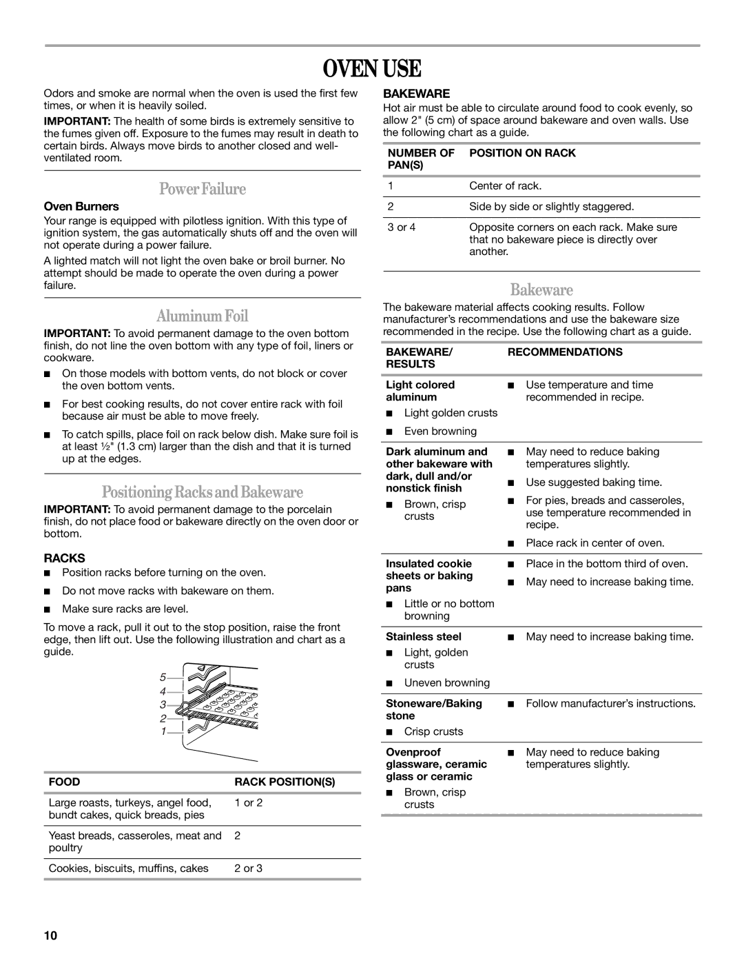 Whirlpool GW397LXU manual Oven USE, AluminumFoil, Positioning RacksandBakeware 