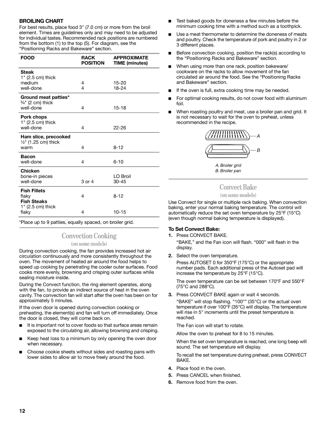 Whirlpool GW397LXU ConvectionCooking, ConvectBake, Broiling Chart, To Set Convect Bake, Food Rack Approximate Position 