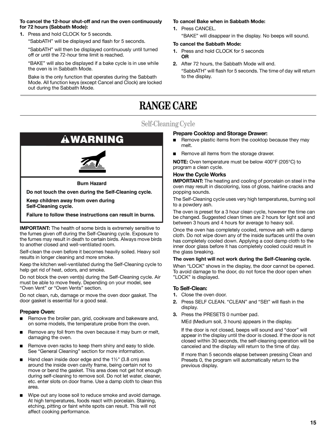 Whirlpool GW397LXU manual Range Care, Self-CleaningCycle 