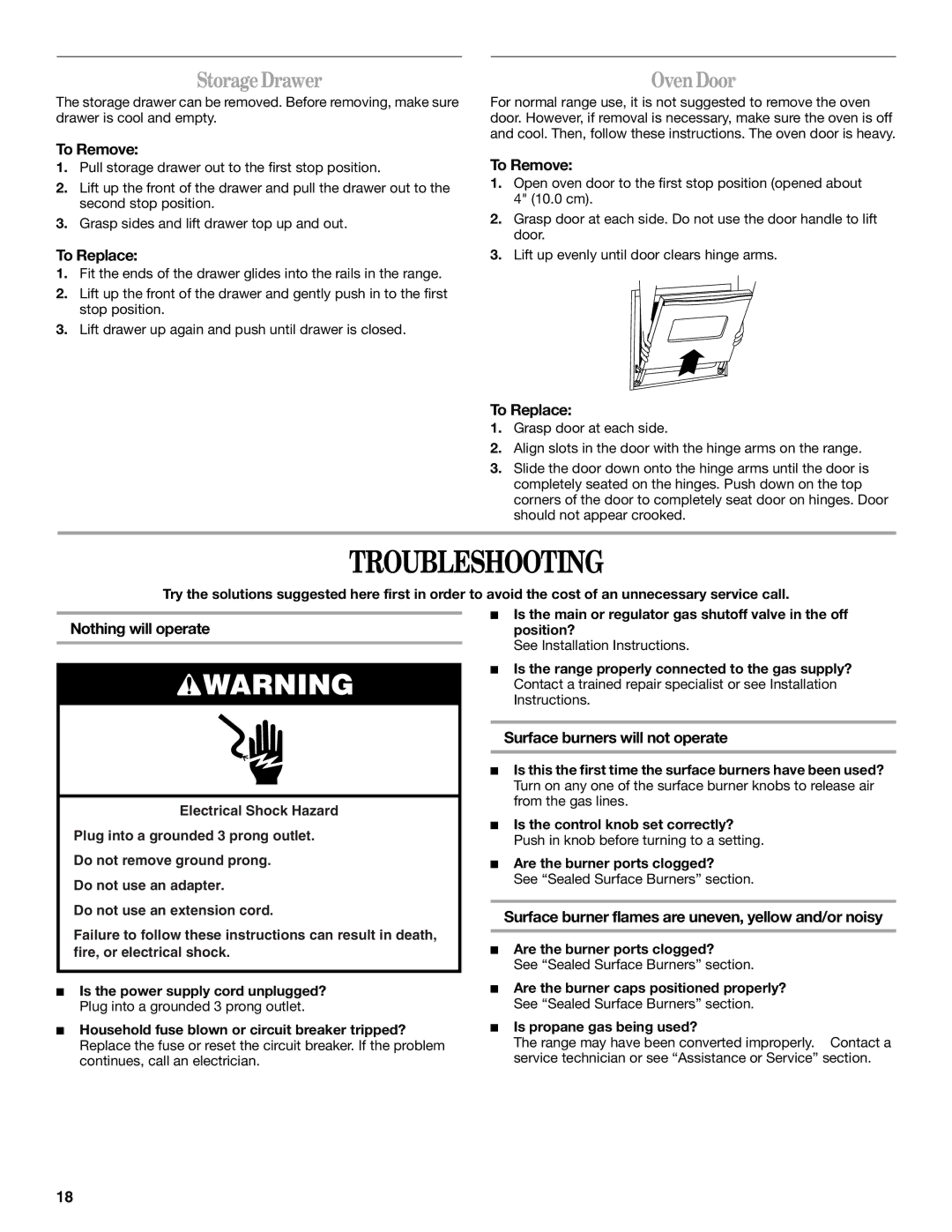 Whirlpool GW397LXU manual Troubleshooting, StorageDrawer, OvenDoor 