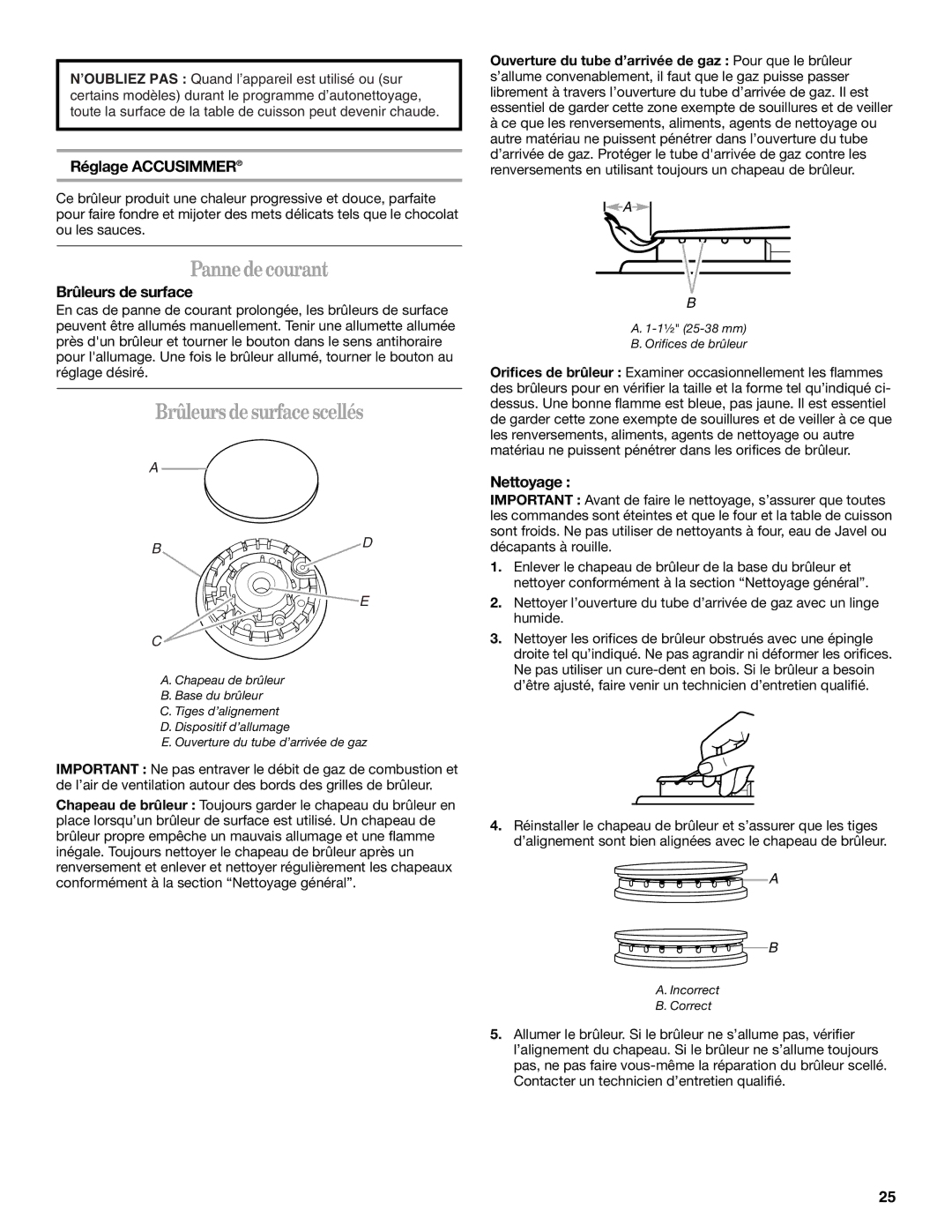 Whirlpool GW397LXU manual Pannedecourant, Brûleurs desurfacescellés, Réglage Accusimmer, Brûleurs de surface, Nettoyage 