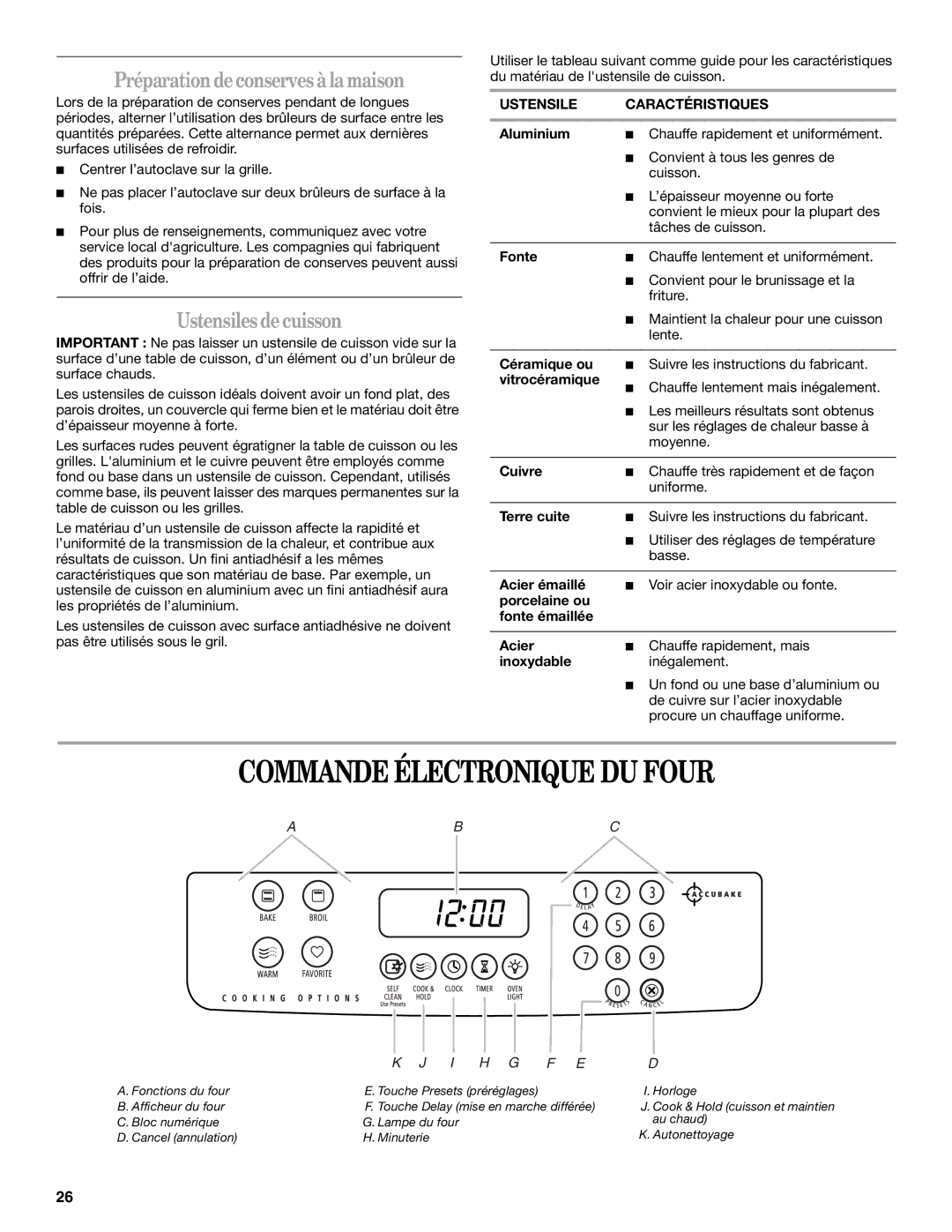 Whirlpool GW397LXU manual Commande Électronique DU Four, Préparationdeconserves àlamaison, Ustensiles decuisson 