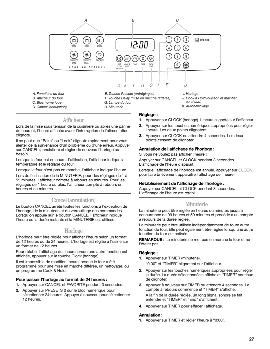 Whirlpool GW397LXU manual Afficheur, Cancel annulation, Horloge, Minuterie 