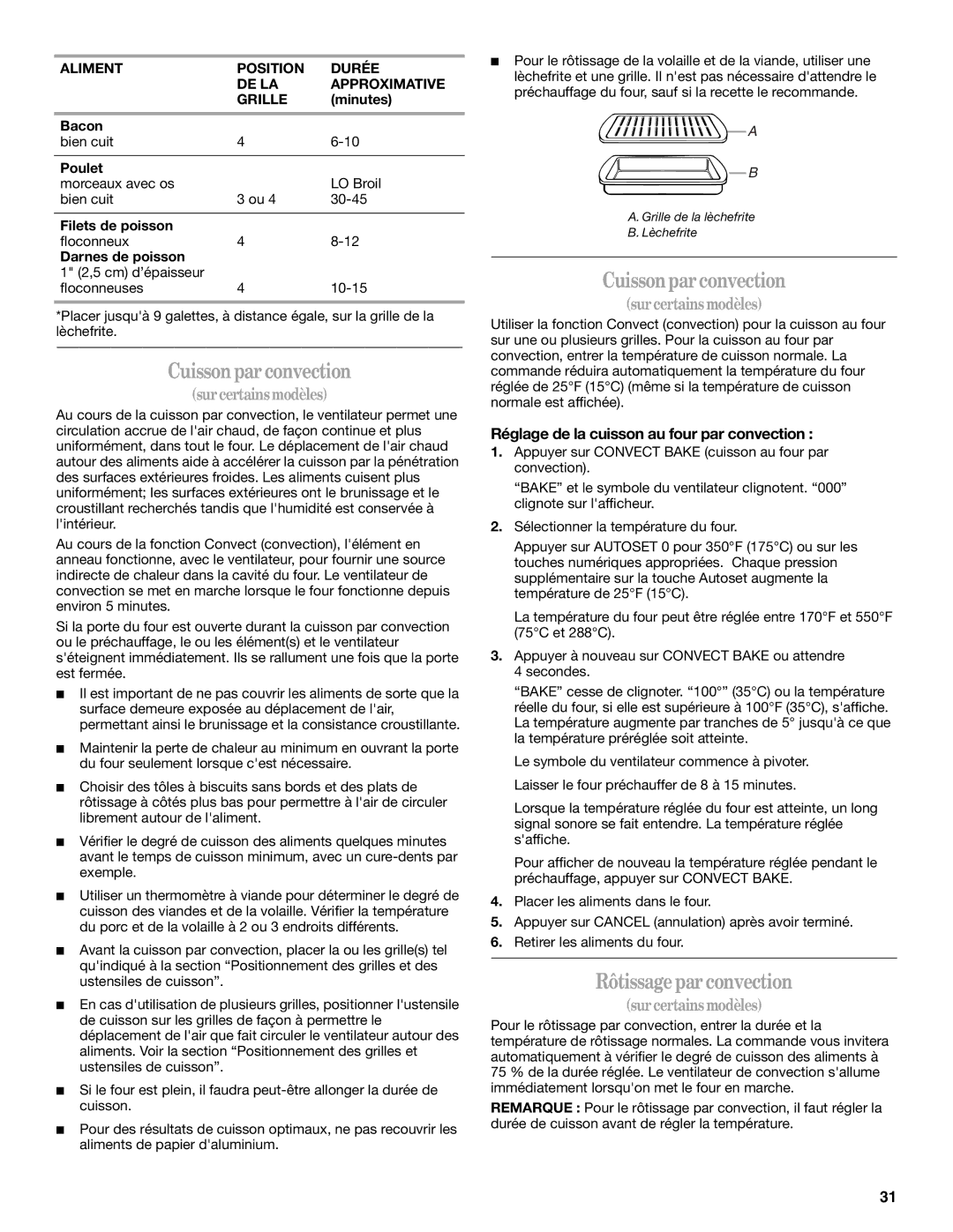 Whirlpool GW397LXU manual Cuissonparconvection, Rôtissagepar convection, Réglage de la cuisson au four par convection 