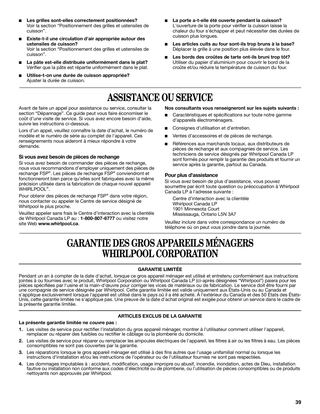 Whirlpool GW397LXU manual Assistance OU Service, Garantie DES Gros Appareils Ménagers Whirlpool Corporation 