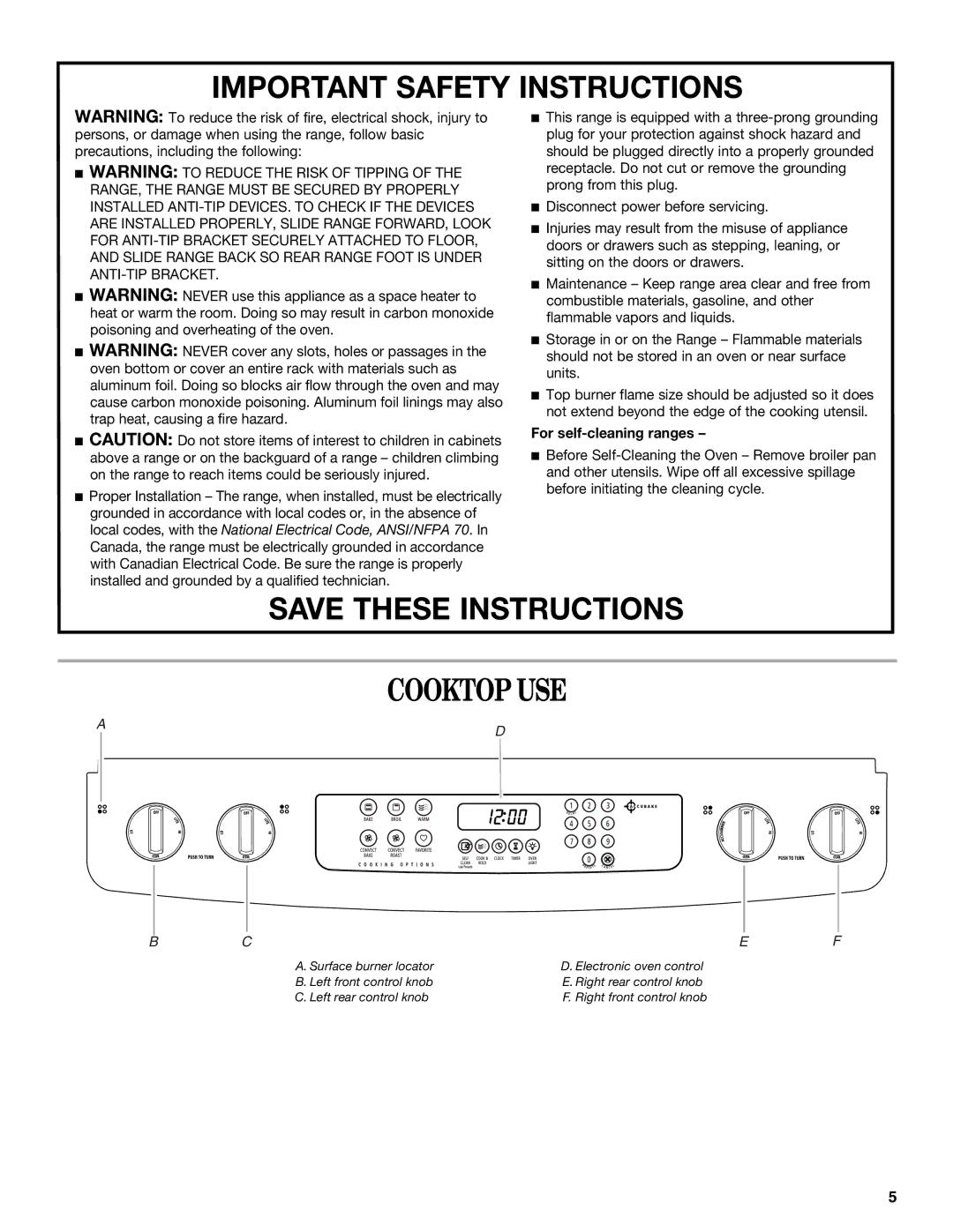 Whirlpool GW397LXU manual Cooktop USE, For self-cleaning ranges 