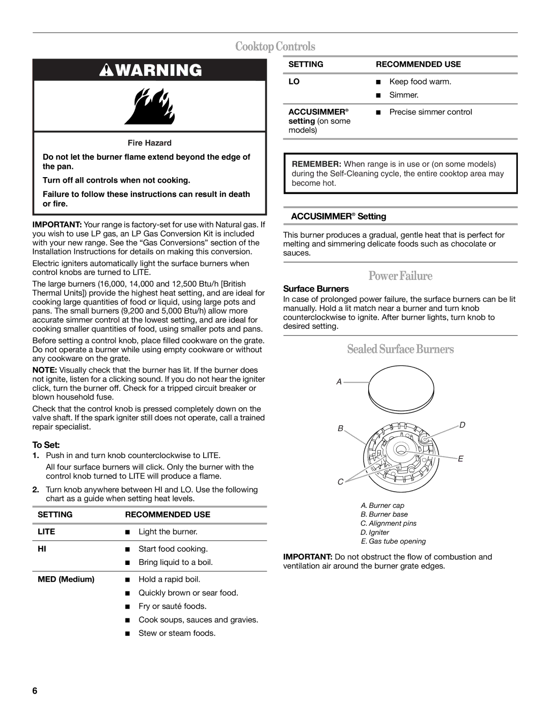 Whirlpool GW397LXU manual CooktopControls, PowerFailure, SealedSurfaceBurners 